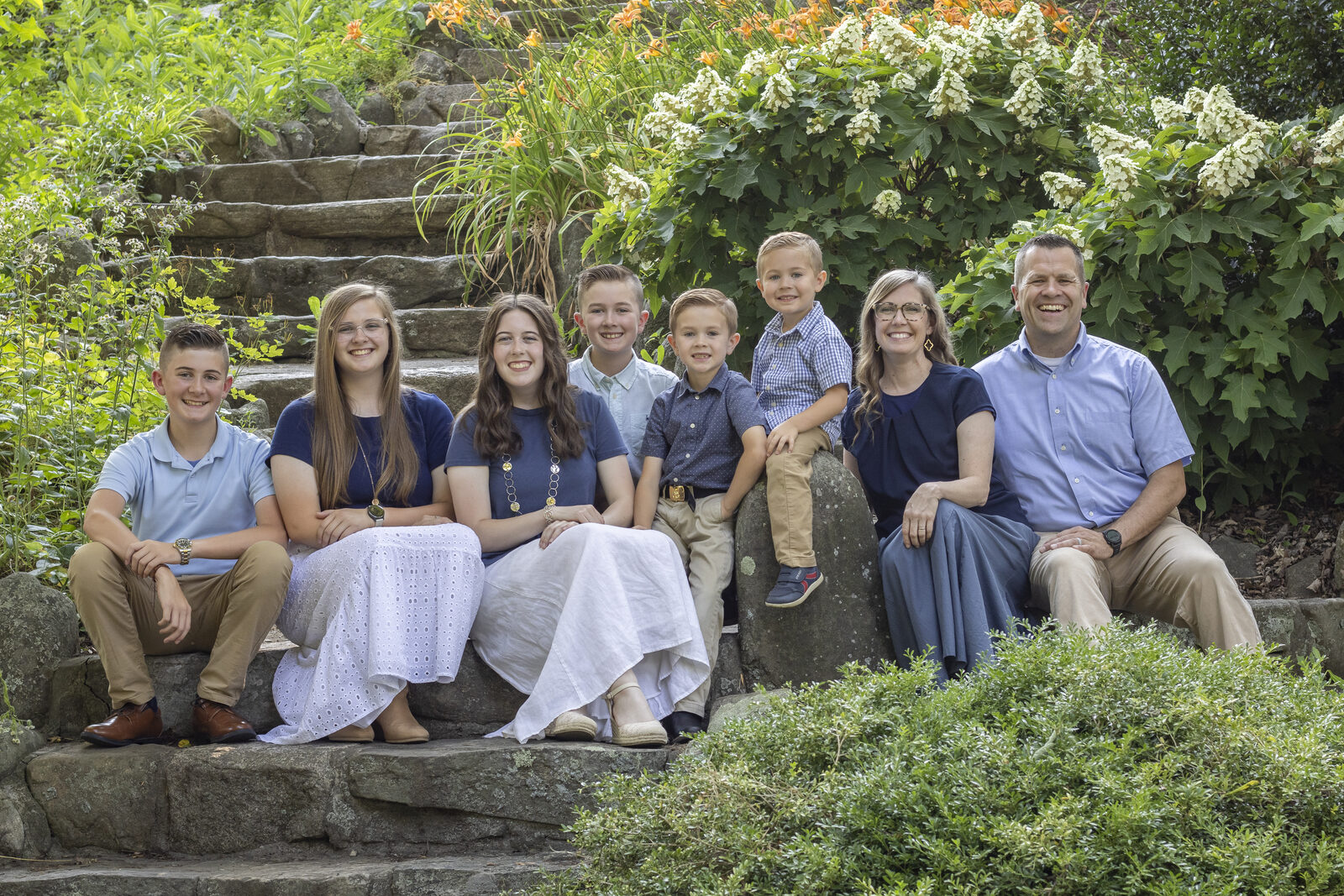 The Jones family seated together on garden steps